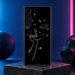 Girl Thinking Art mobile skin with white line portrait and colorful cosmic details, cosmic studio hero