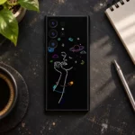 Girl Thinking Art mobile skin with white line portrait and colorful cosmic details, artist desk flat lay