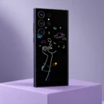 Girl Thinking Art mobile skin with white line portrait and colorful cosmic details, lavender studio angle