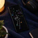 Girl Thinking Art mobile skin with white line portrait and colorful cosmic details, relaxed music desk