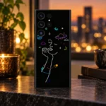Girl Thinking Art mobile skin with white line portrait and colorful cosmic details, warm evening display