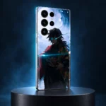 Angled Giyu Tomioka mobile skin showing the cyan artwork and phone side