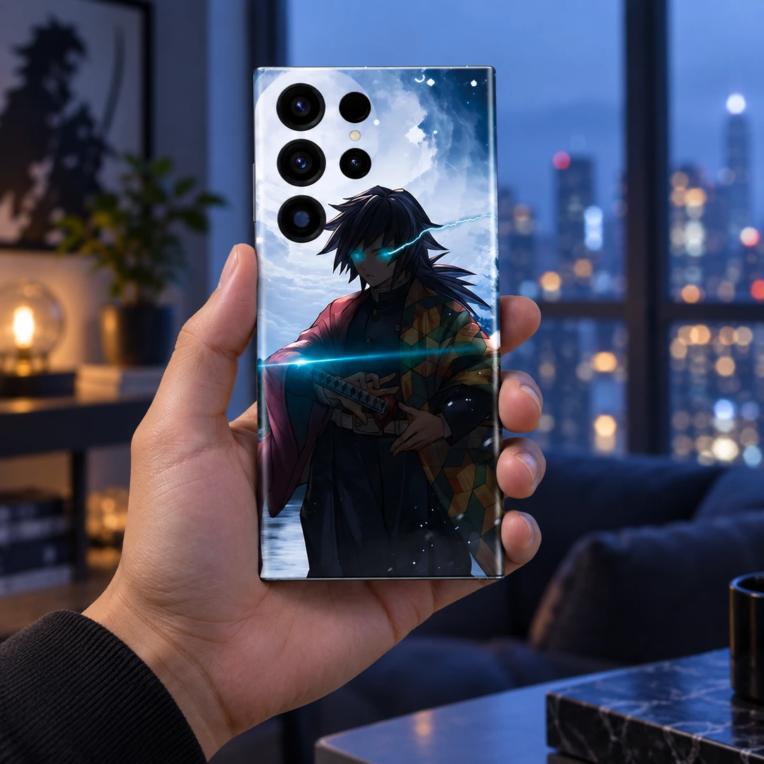 Giyu Tomioka Mobile Skin – Evening handheld view Giyu Tomioka mobile skin held in a hand against an evening apartment backdrop