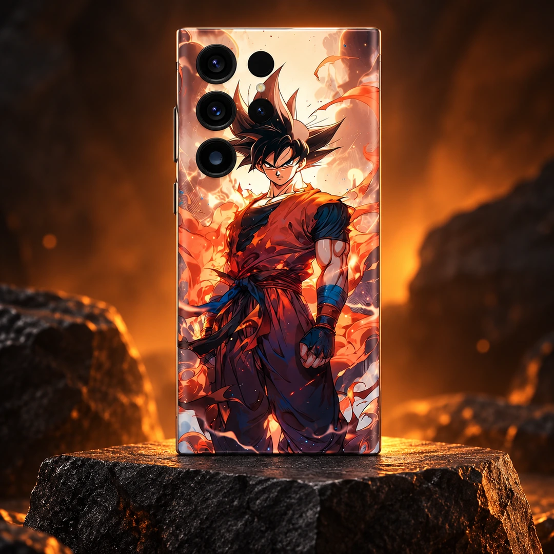 Goku Fiery Aura Mobile Skin - Fiery Stone Hero Goku mobile skin with orange gi and fiery aura, fiery stone hero view