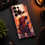Goku mobile skin with orange gi and fiery aura, gaming desk flat lay view