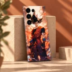 Goku mobile skin with orange gi and fiery aura, warm sandstone studio view
