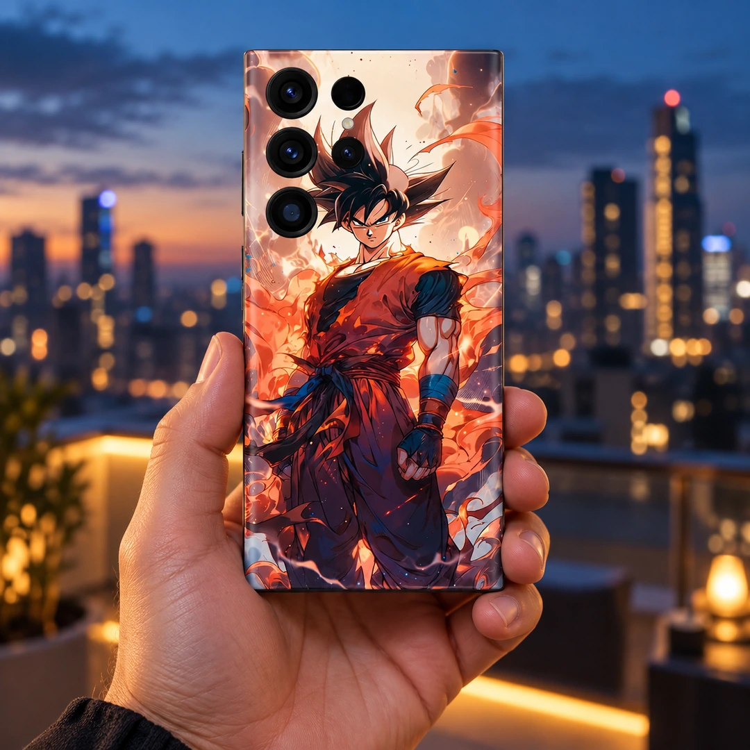 Goku Fiery Aura Mobile Skin - City Evening Handheld Goku mobile skin with orange gi and fiery aura, city evening handheld view