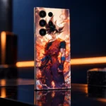 Goku mobile skin with orange gi and fiery aura, reflective studio angle view