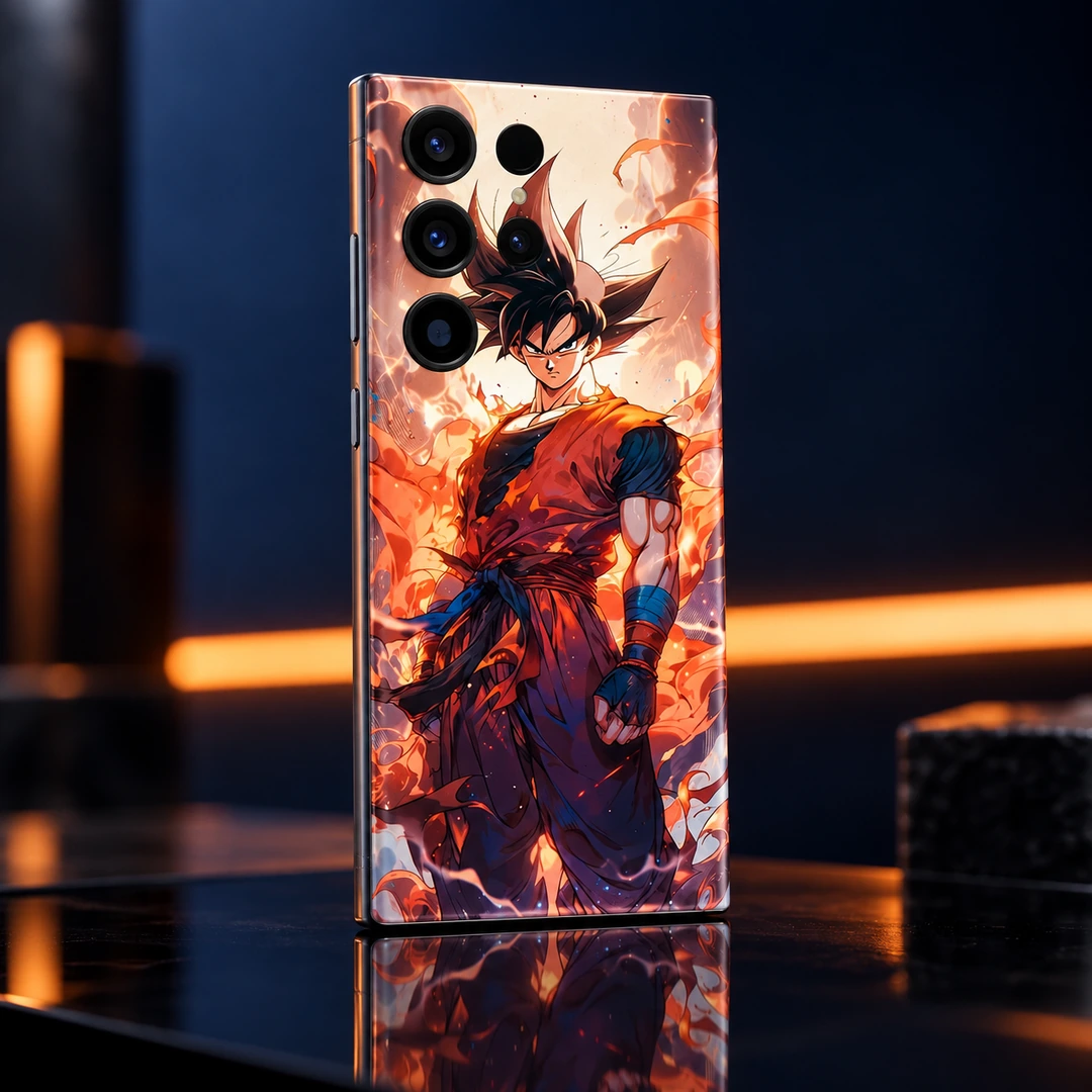 Goku Fiery Aura Mobile Skin - Reflective Studio Angle Goku mobile skin with orange gi and fiery aura, reflective studio angle view