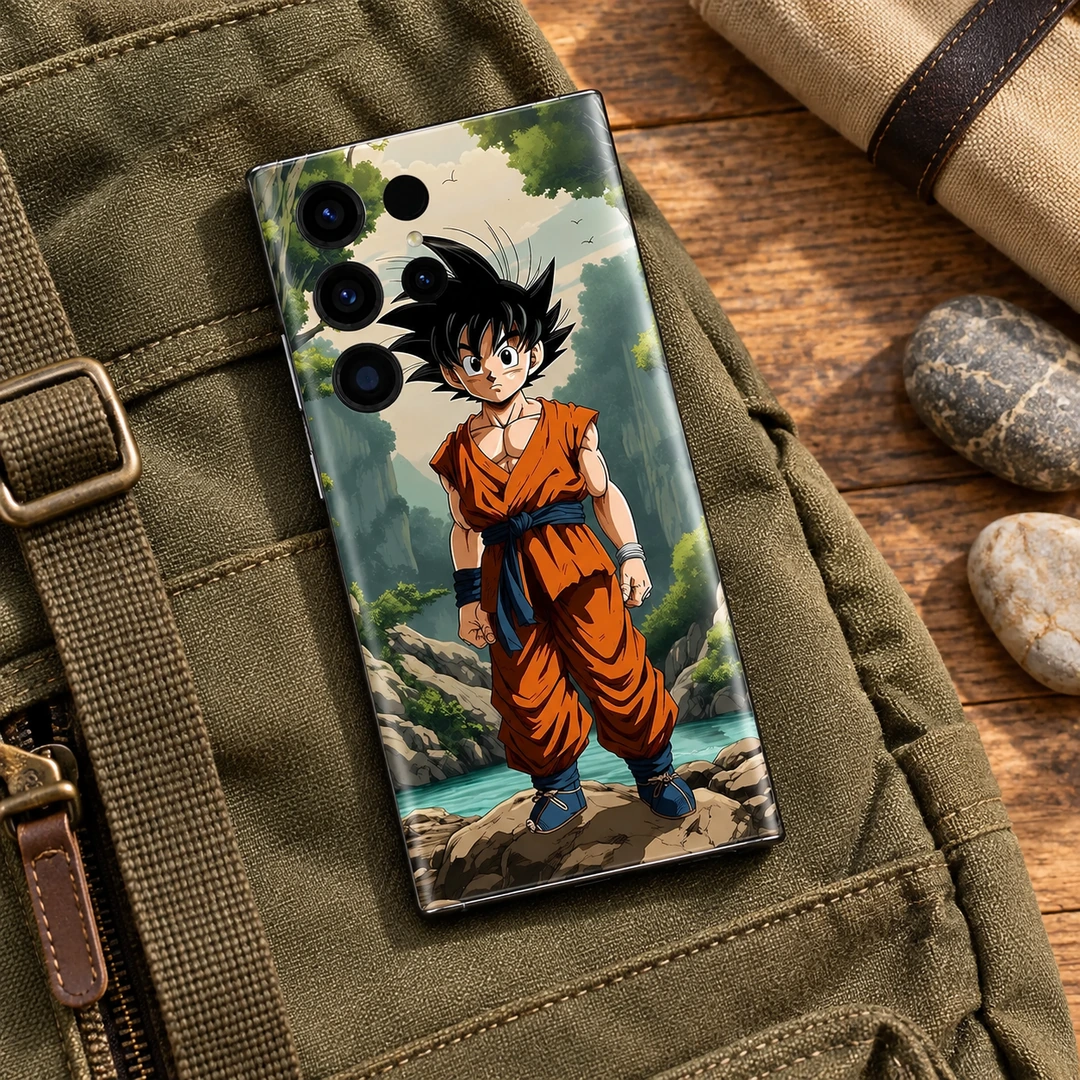 Goku Forest Adventure Mobile Skin - Adventure canvas flat lay Goku Forest Adventure Mobile Skin shown in adventure canvas flat lay