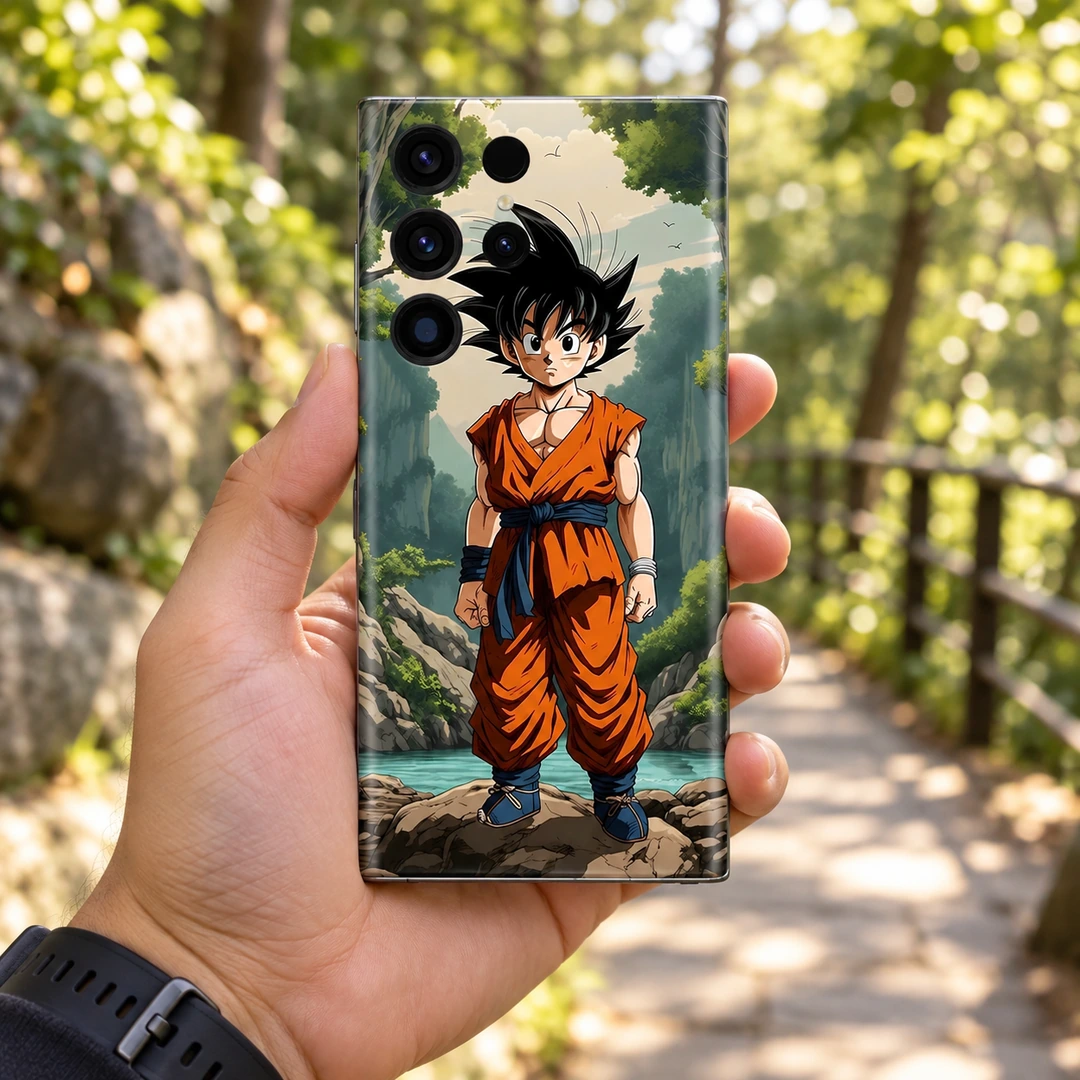 Goku Forest Adventure Mobile Skin - Outdoor handheld view Goku Forest Adventure Mobile Skin shown in outdoor handheld view