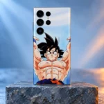 Goku Raised Arms Anime Mobile Skin standing on a blue-grey stone plinth