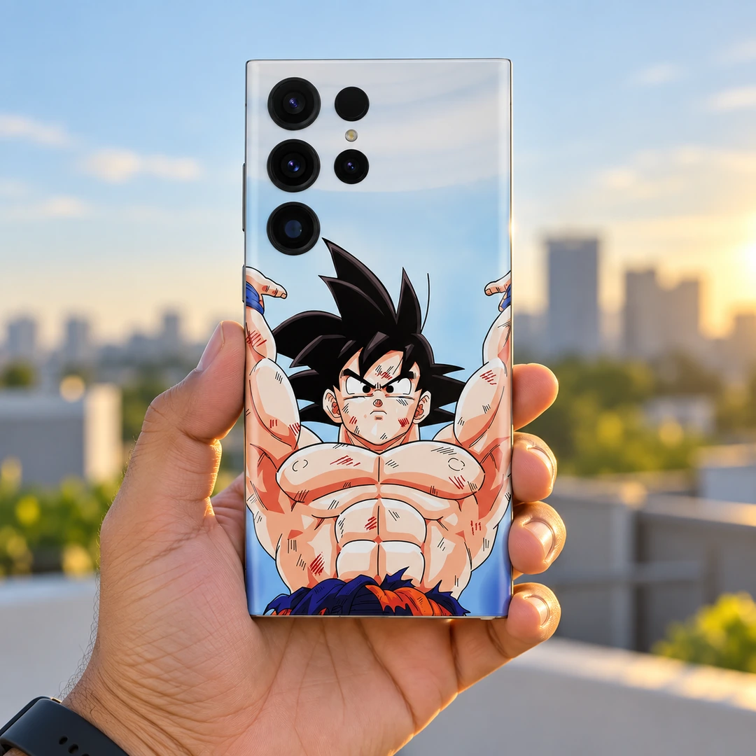 Goku Raised Arms Anime Mobile Skin - Handheld Rooftop Goku Raised Arms Anime Mobile Skin held against a sunny rooftop backdrop