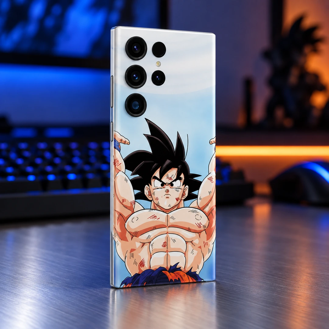Goku Raised Arms Anime Mobile Skin - Gaming Desk Goku Raised Arms Anime Mobile Skin at an angle on a blue-lit gaming desk