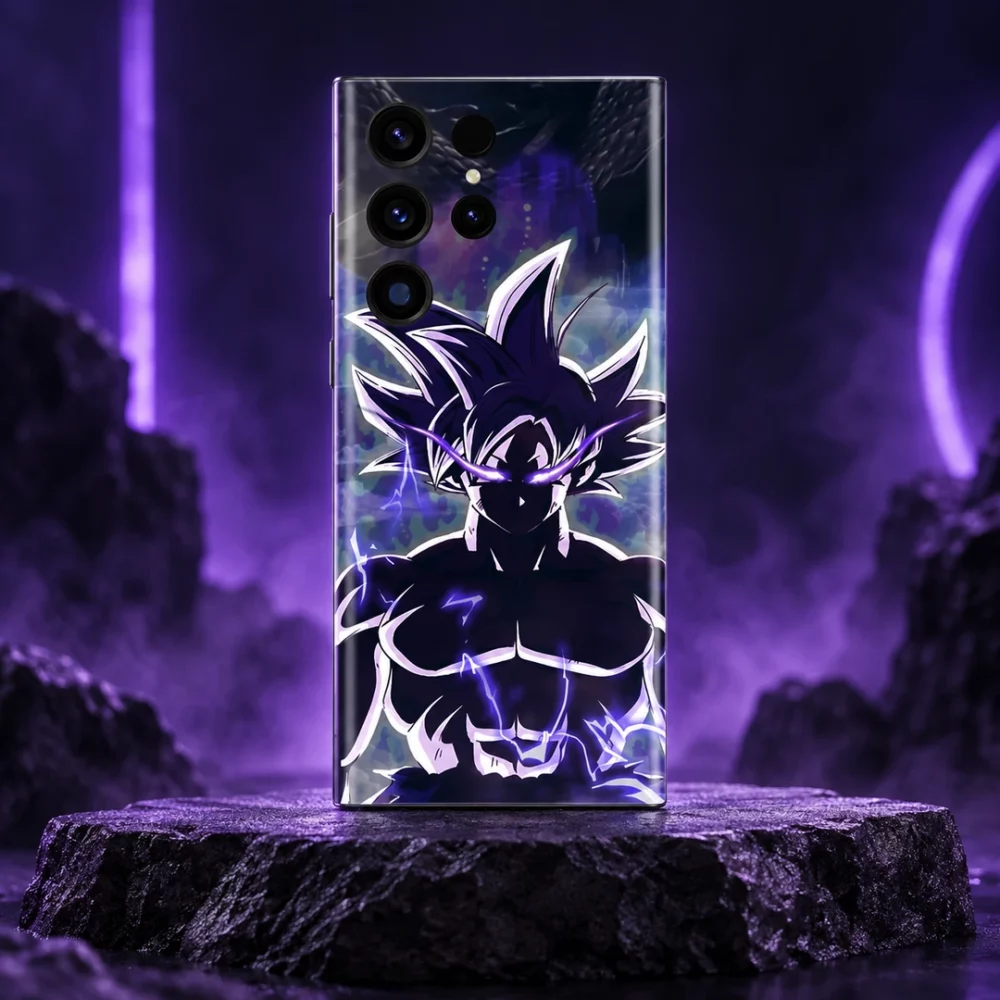 Goku Ultra purple lightning mobile skin shown in violet studio hero