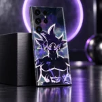 Goku Ultra purple lightning mobile skin shown in angled neon studio
