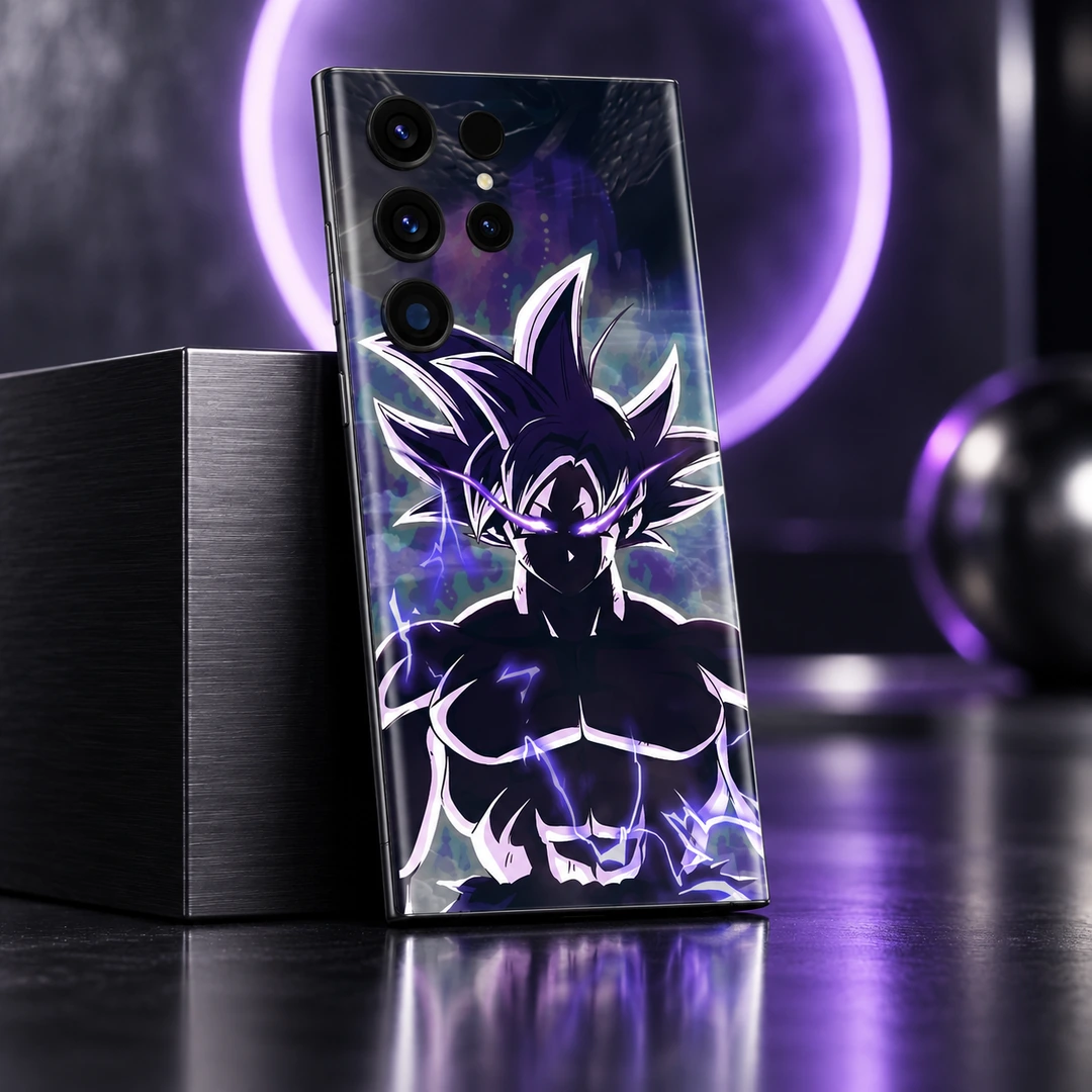 Goku Ultra Mobile Skin - Angled Neon Studio Goku Ultra purple lightning mobile skin shown in angled neon studio