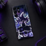Goku Ultra purple lightning mobile skin shown in gaming desk flat lay