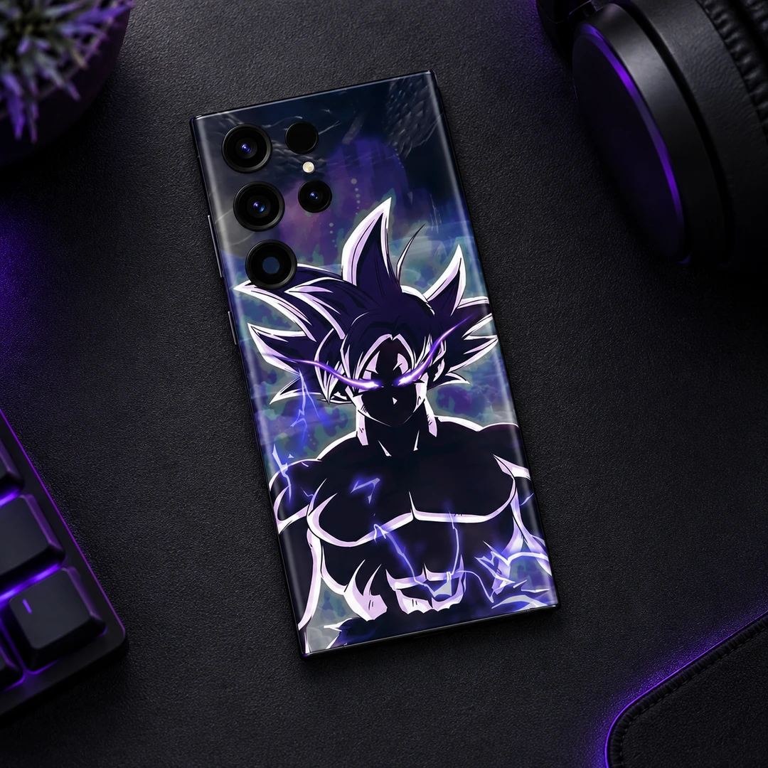 Goku Ultra Mobile Skin - Gaming Desk Flat Lay Goku Ultra purple lightning mobile skin shown in gaming desk flat lay