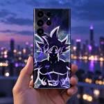 Goku Ultra purple lightning mobile skin shown in blue hour lifestyle