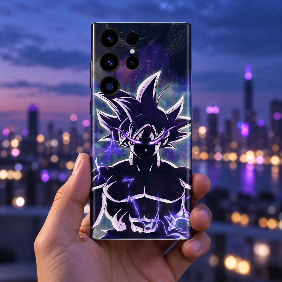 Goku Ultra Mobile Skin - Blue Hour Lifestyle Goku Ultra purple lightning mobile skin shown in blue hour lifestyle