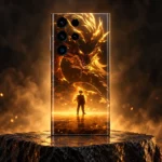Golden Dragon Anime Mobile Skin shown upright on a dark basalt plinth