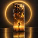 Golden Dragon Anime Mobile Skin shown at an angle on smoked glass with a gold light halo