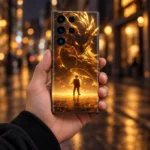 Golden Dragon Anime Mobile Skin shown in an adult hand against blurred amber city lights