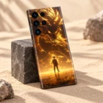 Golden Dragon Anime Mobile Skin shown leaning against a charcoal block in warm daylight