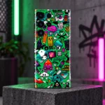 Green Graffiti Pattern mobile skin with colorful cartoon sticker collage, graffiti studio hero