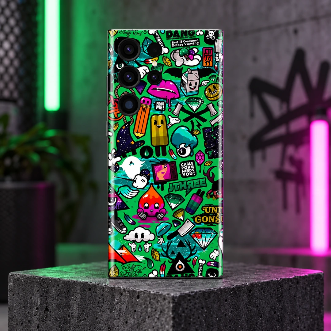 Green Graffiti Pattern Mobile Skin - Graffiti Studio Hero Green Graffiti Pattern mobile skin with colorful cartoon sticker collage, graffiti studio hero