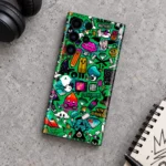 Green Graffiti Pattern mobile skin with colorful cartoon sticker collage, creative desk flat lay