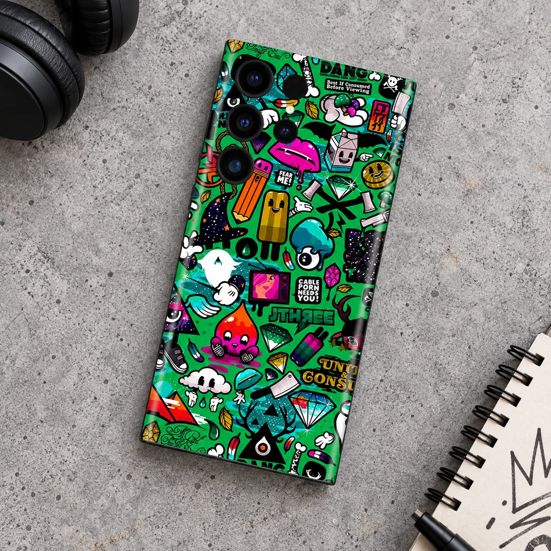 Green Graffiti Pattern Mobile Skin - Creative Desk Flat Lay Green Graffiti Pattern mobile skin with colorful cartoon sticker collage, creative desk flat lay