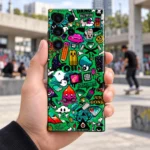 Green Graffiti Pattern mobile skin with colorful cartoon sticker collage, skater plaza lifestyle