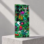 Green Graffiti Pattern mobile skin with colorful cartoon sticker collage, concrete studio angle