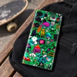 Green Graffiti Pattern mobile skin with colorful cartoon sticker collage, canvas bag detail