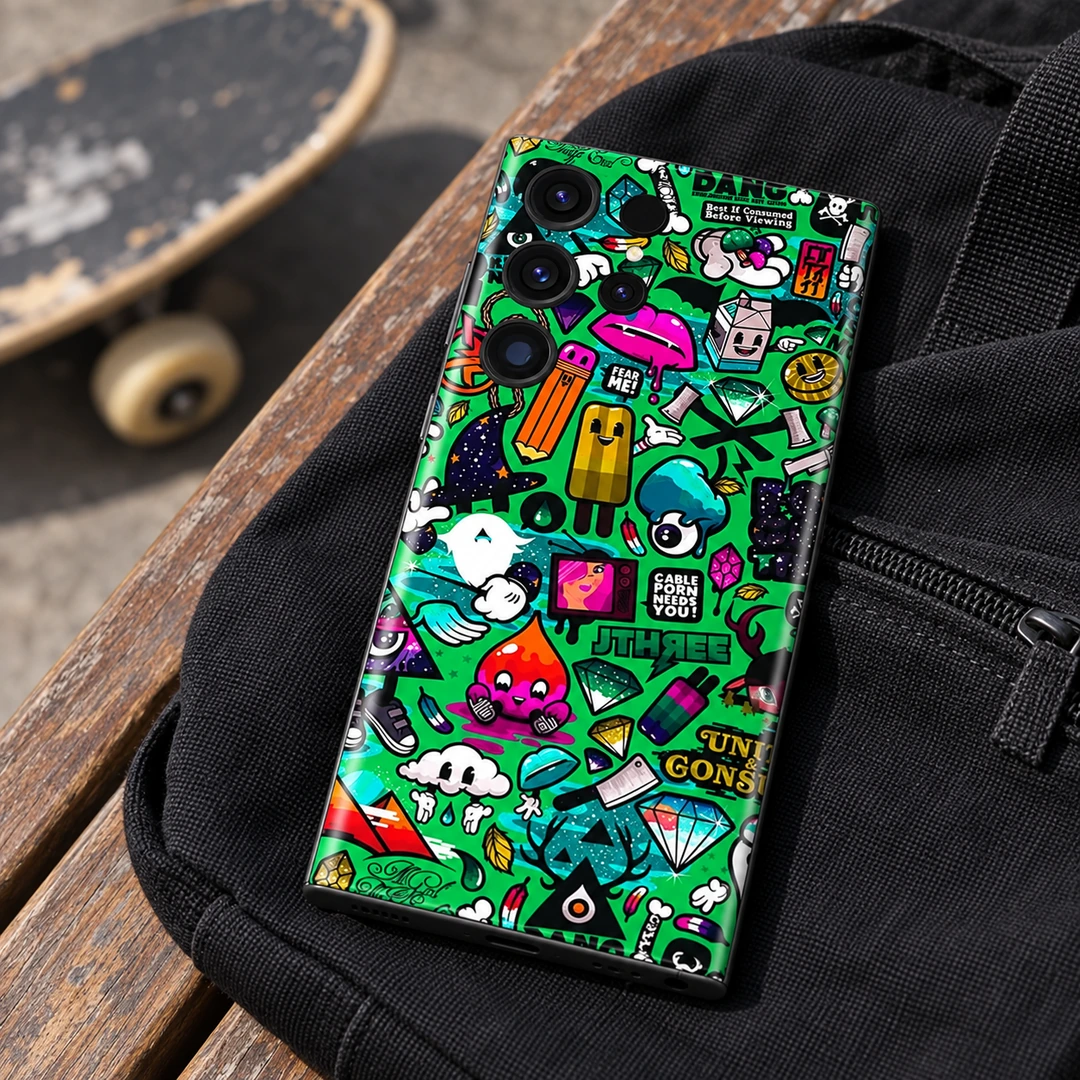 Green Graffiti Pattern Mobile Skin - Canvas Bag Detail Green Graffiti Pattern mobile skin with colorful cartoon sticker collage, canvas bag detail