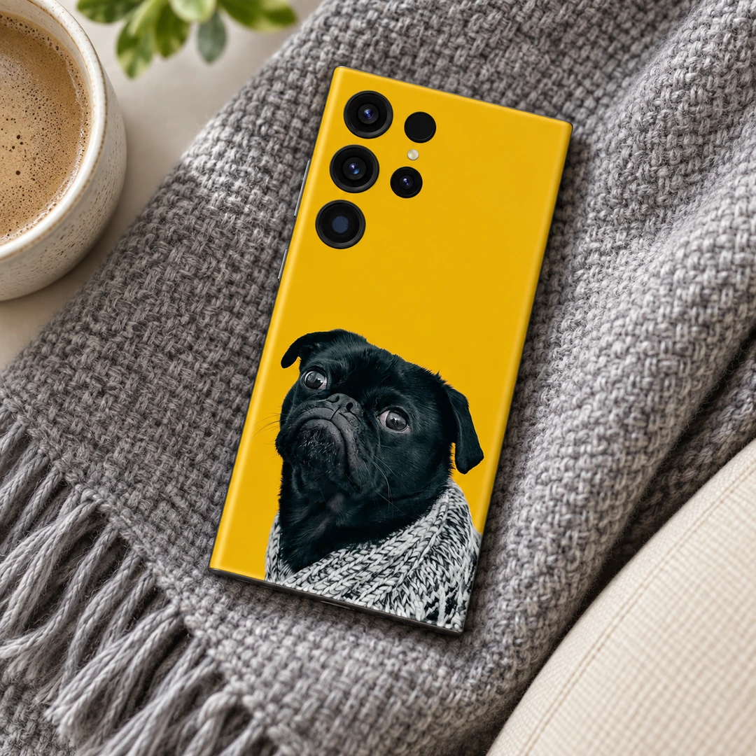 Grumpy Black Pug Mobile Skin - Cozy knit flat lay Yellow mobile skin featuring a grumpy black pug in a grey knitted blanket - cozy knit flat lay