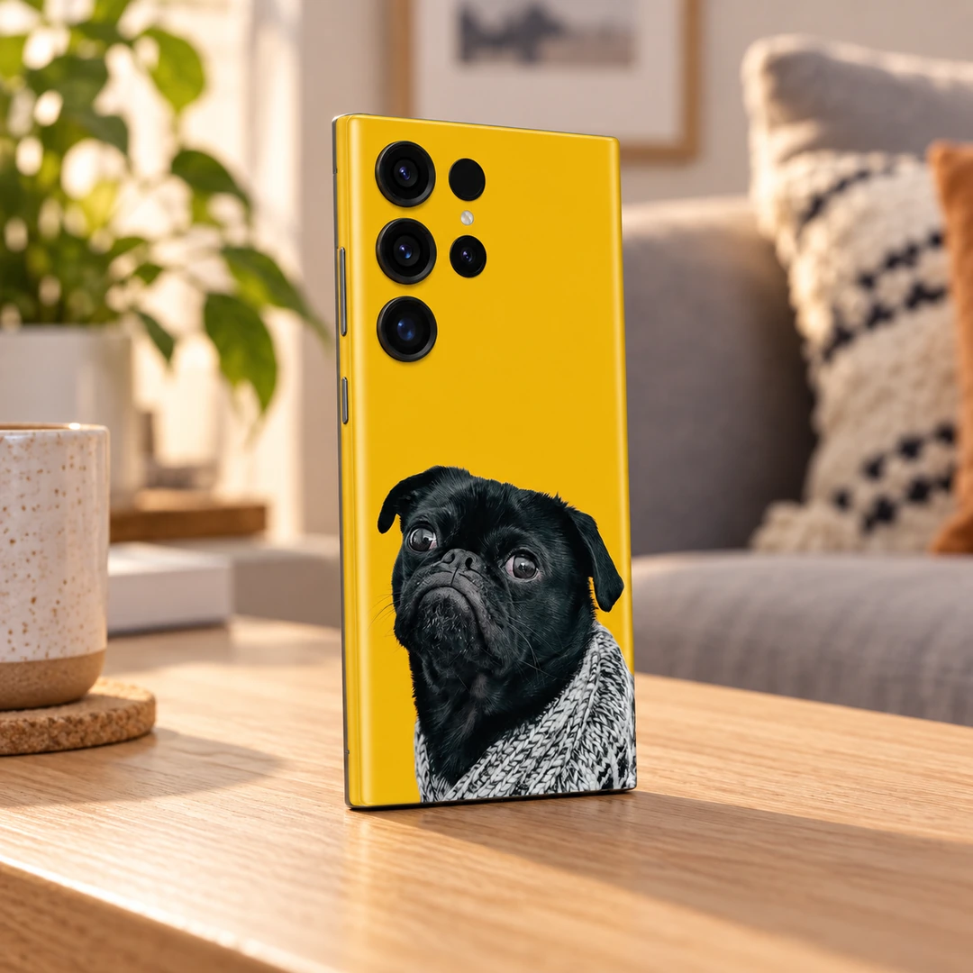 Grumpy Black Pug Mobile Skin - Living room angle Yellow mobile skin featuring a grumpy black pug in a grey knitted blanket - living room angle