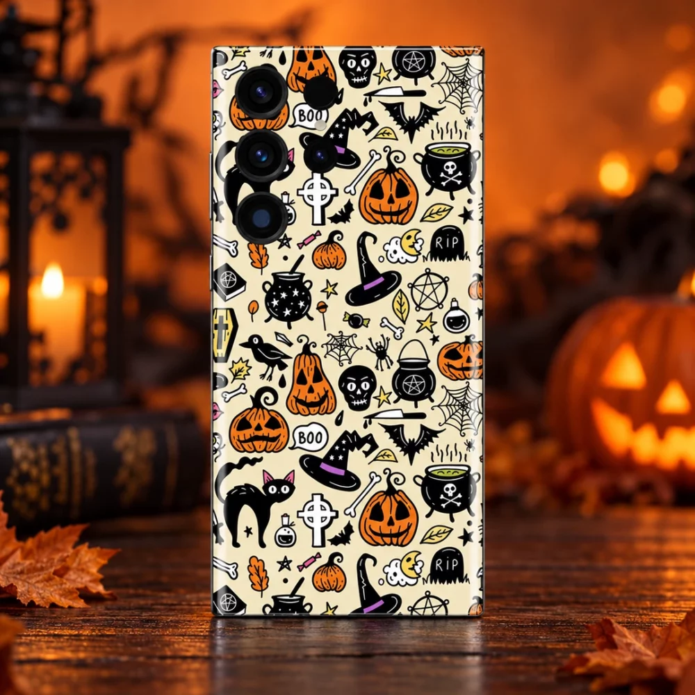 Halloween pattern mobile skin with pumpkins, witch hats and black cats on cream, autumn studio hero view