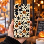 Halloween pattern mobile skin with pumpkins, witch hats and black cats on cream, autumn cafe handheld view