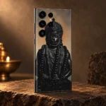 Hanuman black statue phone skin with taupe background in a warm bronze studio