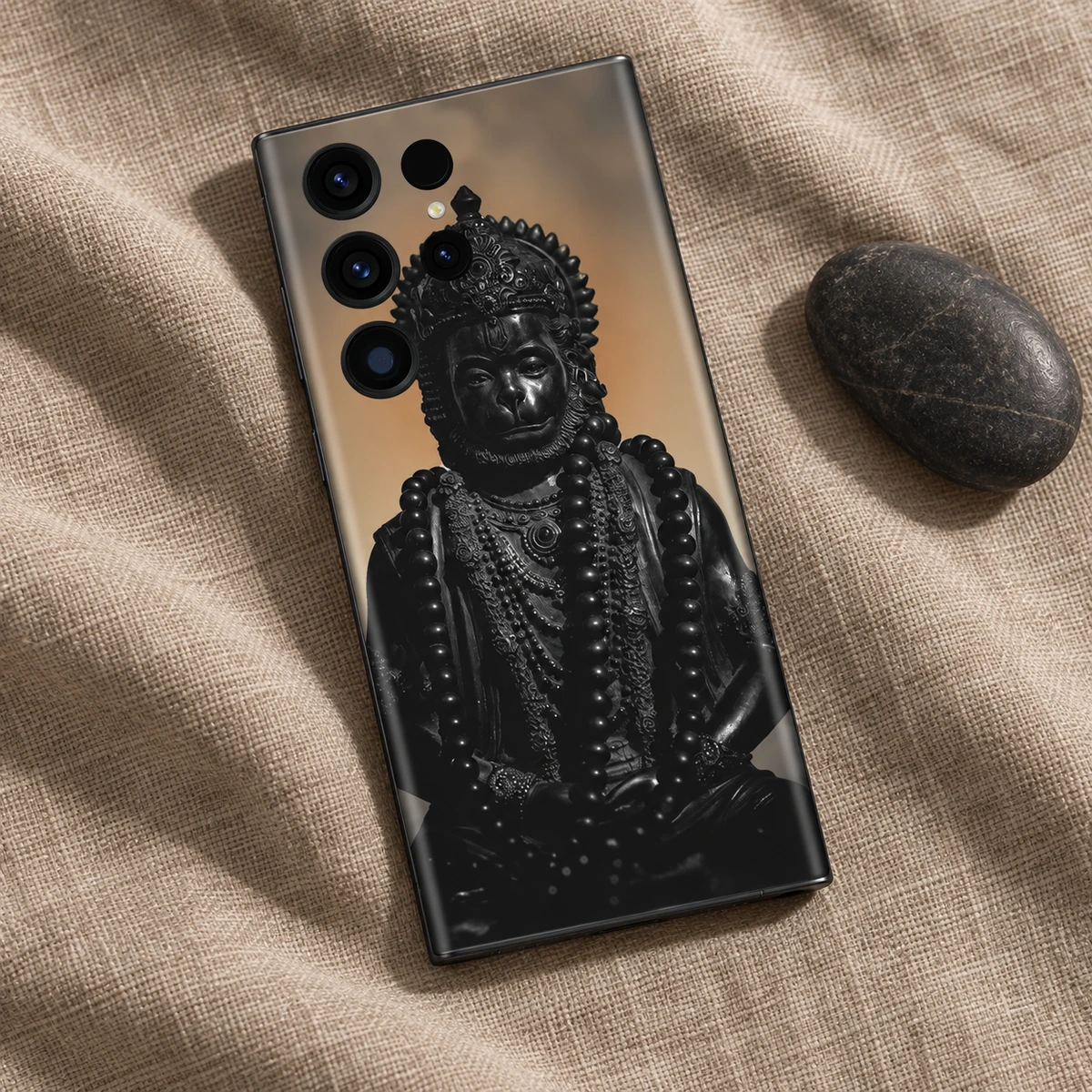 Hanuman Black Statue Portrait Mobile Skin - Linen flatlay Hanuman statue portrait mobile skin flat lay on natural taupe linen