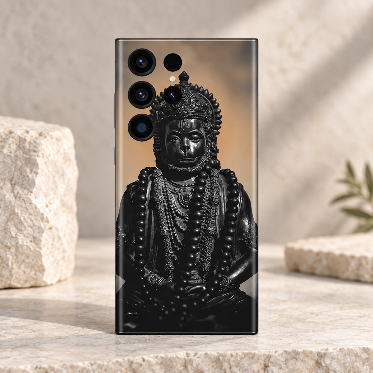 Hanuman Black Statue Portrait Mobile Skin - Statue detail Close detail of Hanuman statue face ornate crown and layered bead garlands printed on phone skin
