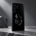 Hanumanji monochrome face phone skin angled on silver grey stone