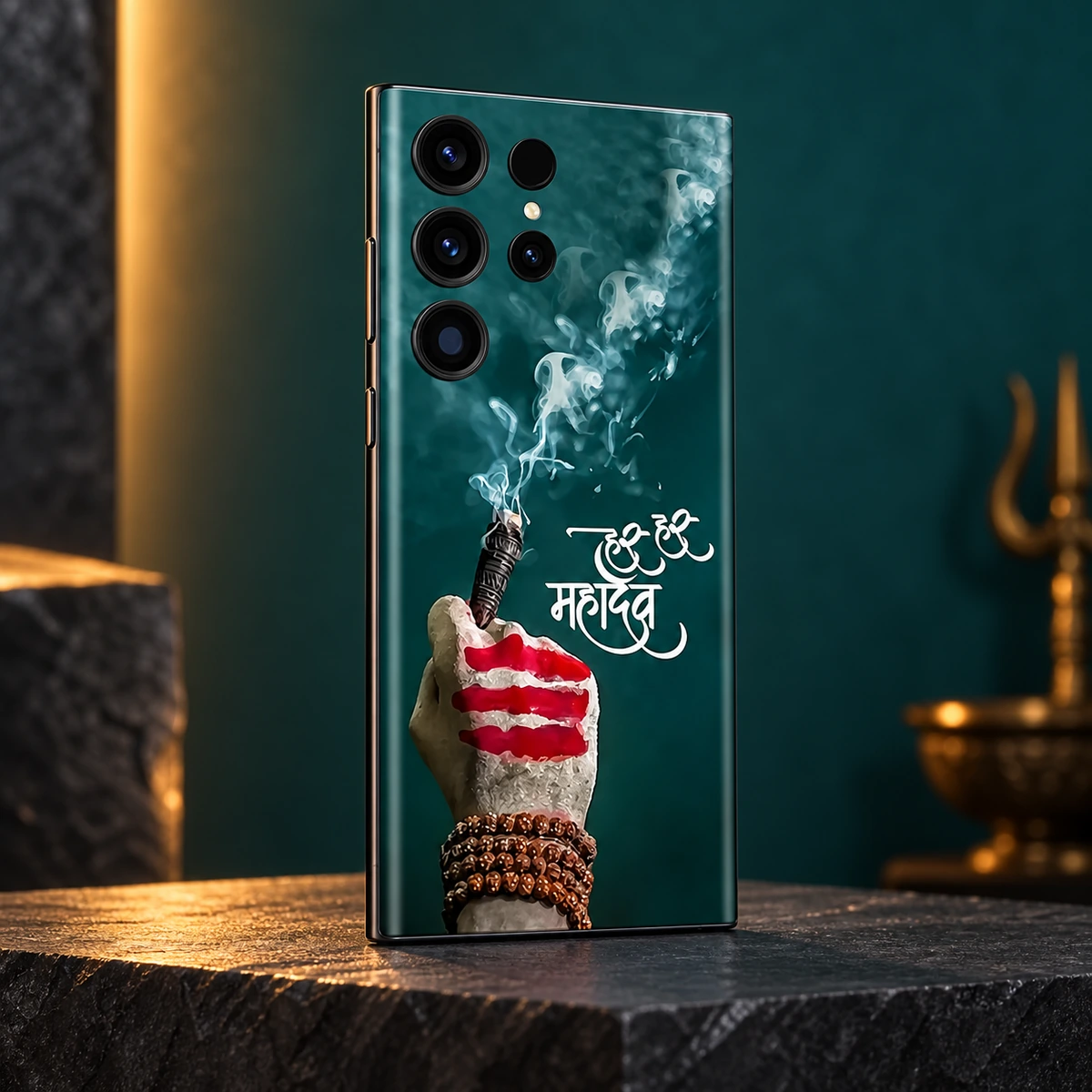 Har Har Mahadev Teal Calligraphy Mobile Skin - Teal studio Har Har Mahadev white calligraphy mobile skin in a teal and warm gold studio