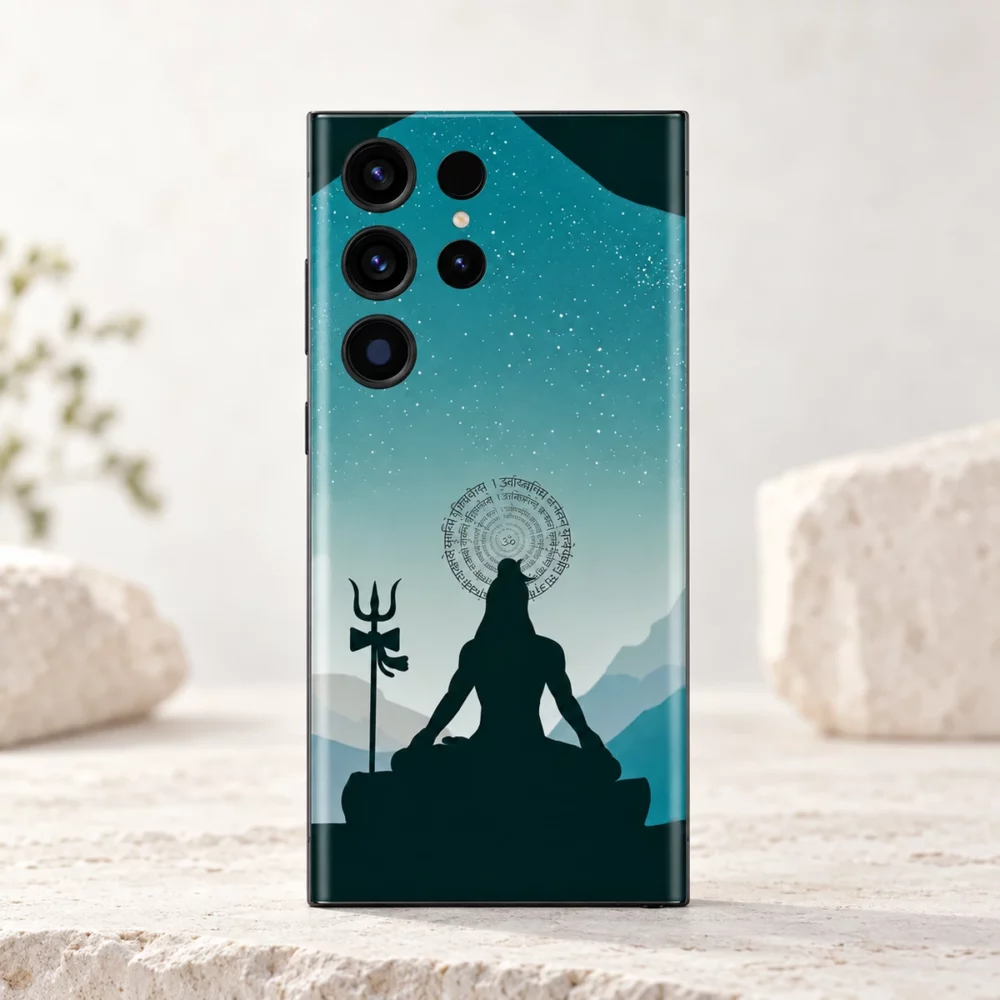 Har Har Mahadev teal mountain meditation mobile skin with Shiva silhouette and mantra halo on ivory stone