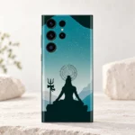 Har Har Mahadev teal mountain meditation mobile skin with Shiva silhouette and mantra halo on ivory stone