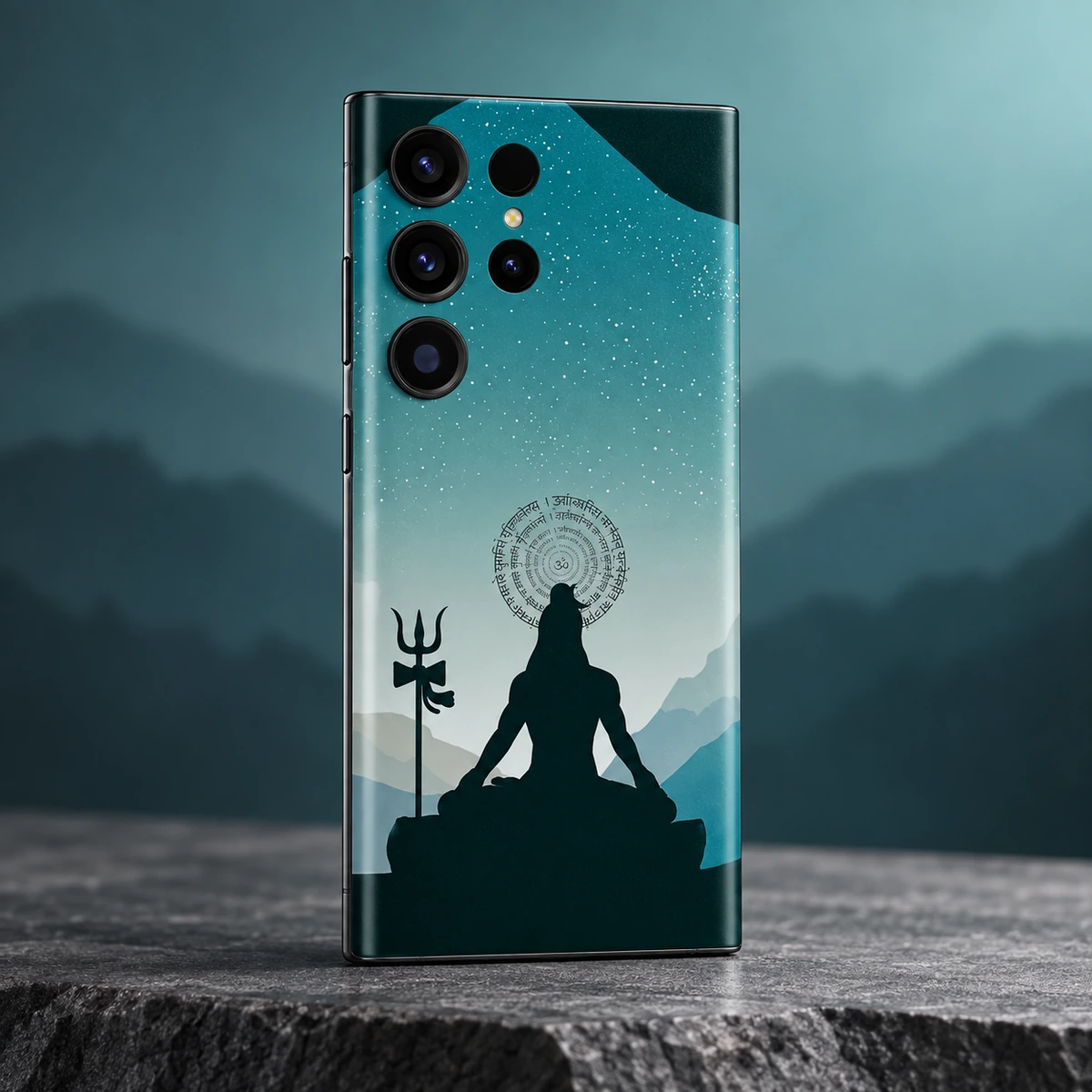 Har Har Mahadev Teal Mountain Meditation Mobile Skin - Teal mountain studio Teal Har Har Mahadev meditation mobile skin on grey slate with mountain shadows