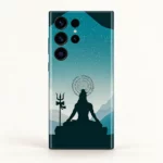 Close view of meditating Shiva trishul and circular mantra artwork on teal mobile skin